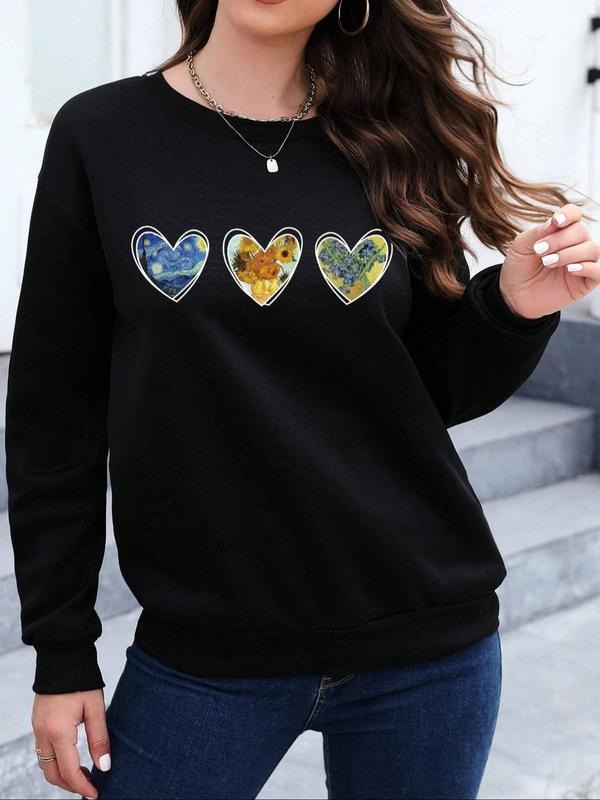 Women's Floral Hearts & Letter Print Drop Shoulder Sweatshirt, Casual Long Sleeve Round Neck Pullover for Fall & Winter,...
