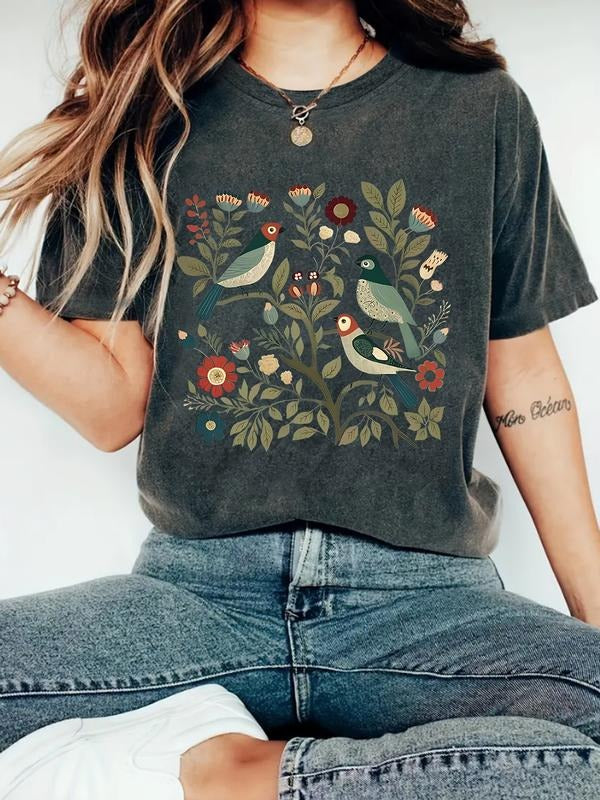 Women's Floral Leaf Animal Print Casual Summer Top, Round Neck Short Sleeve Fitted T-Shirt, Comfortable Breathable S-Xxl...