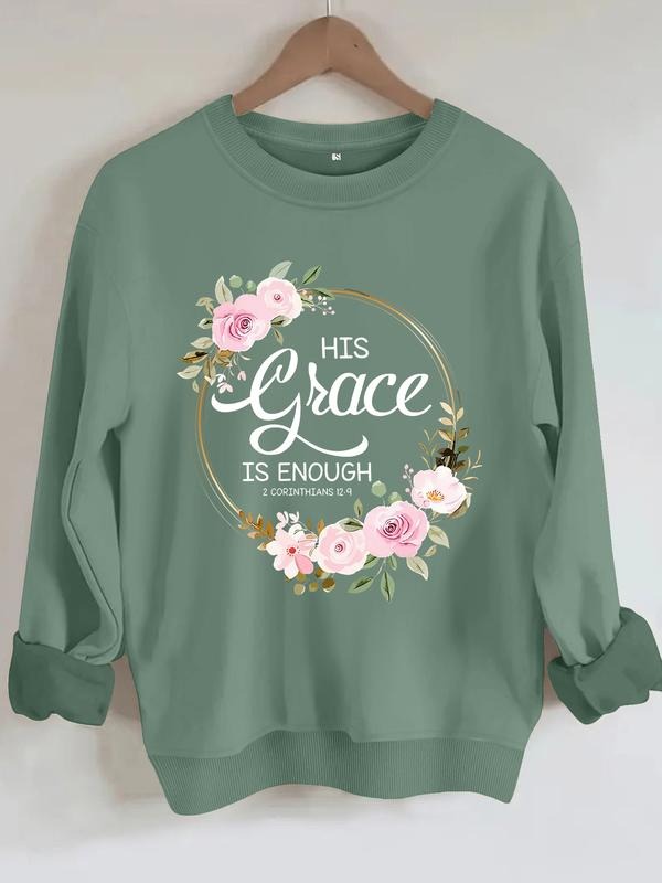 Women's Floral Letter Pattern Warm Sweatshirt, Graduation Long Sleeve Top, Back-To-School Casual Fitted Pullover for Fall...