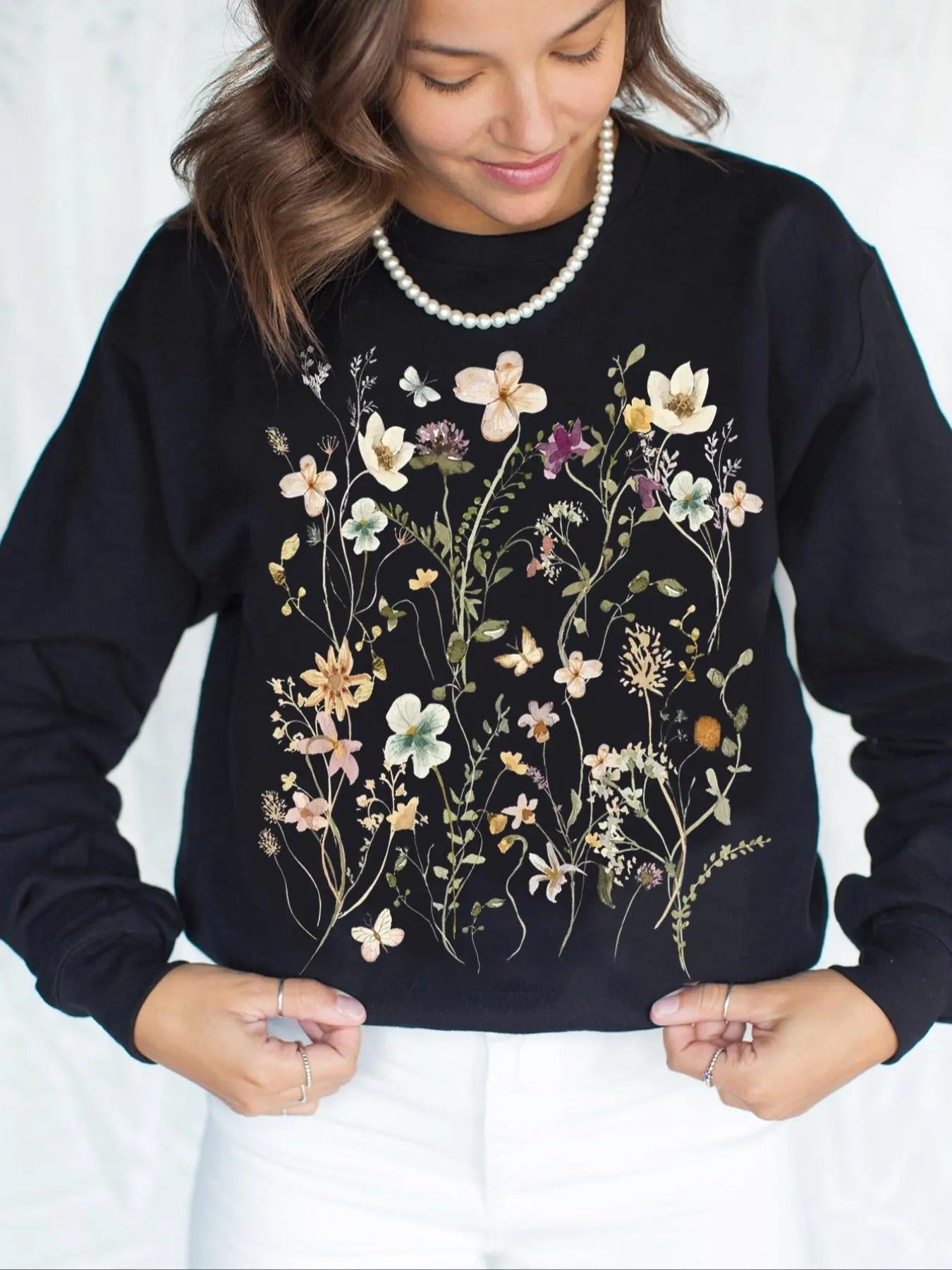 Women's Floral Print Drop Shoulder Sweatshirt, Casual Long Sleeve Round Neck Pullover for Daily Wear, Ladies Clothes for...