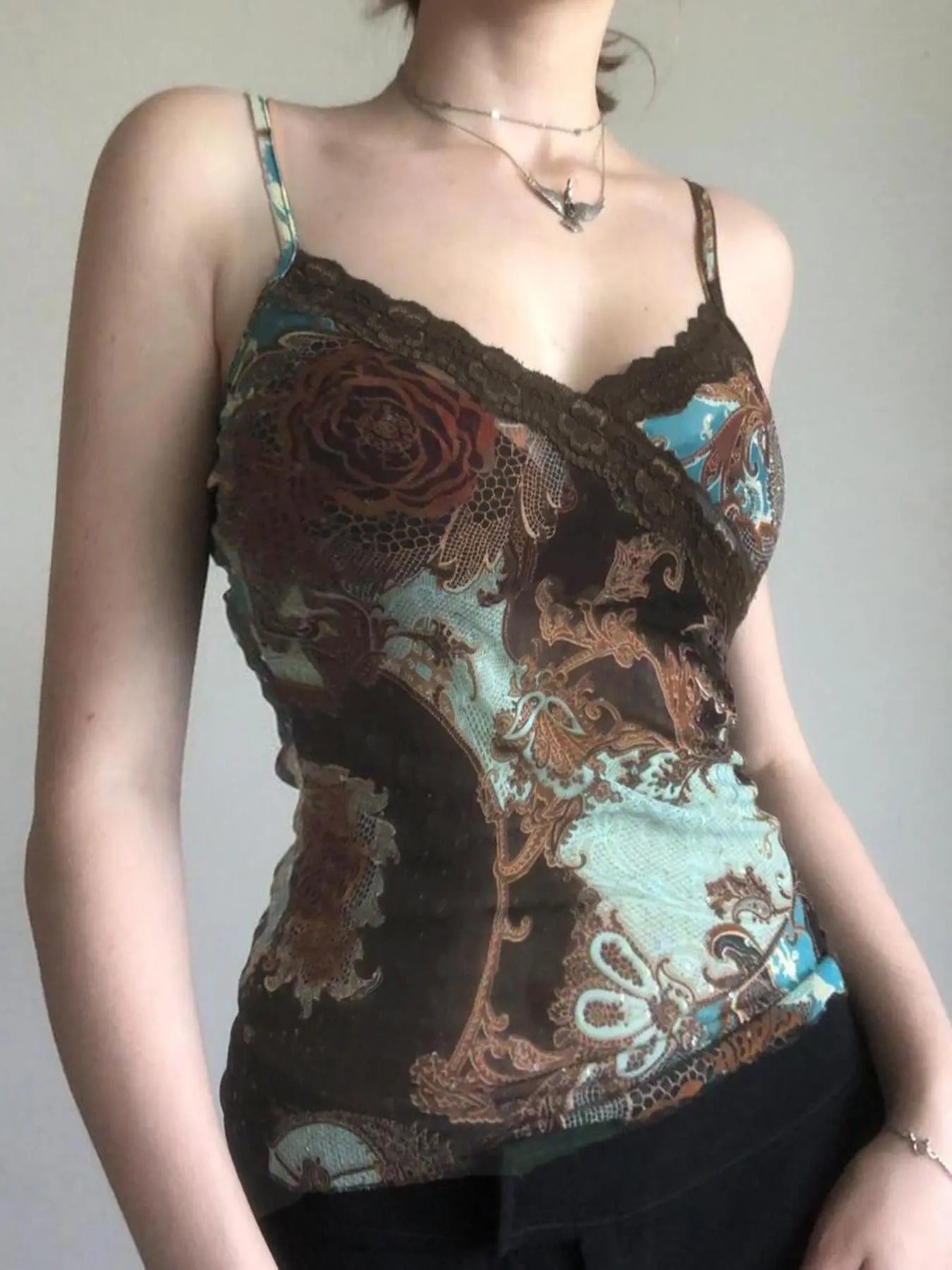 Women's Floral Print Lace Trim Backless Cami Top, Vintage Print Double Layer Sleeveless Top for Summer, Fashion Women's...