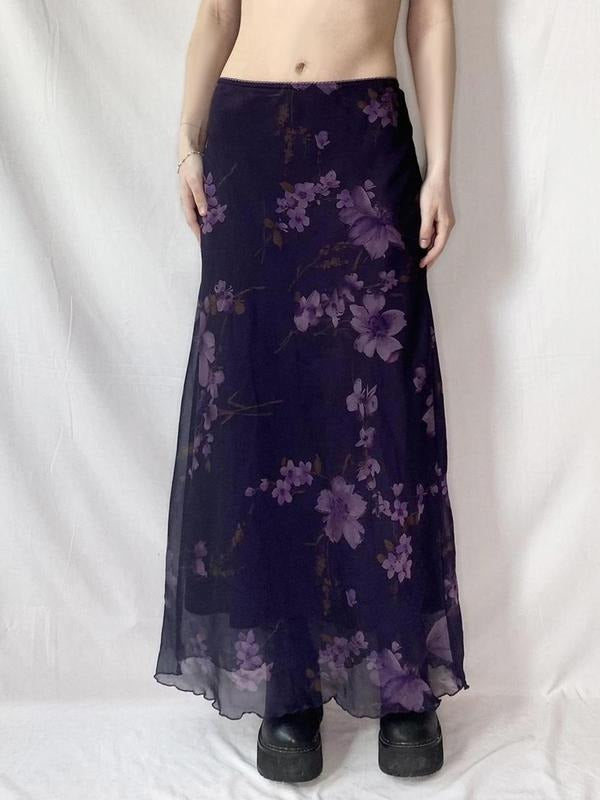 Women's Floral Print Lettuce Trim Tulle Skirt, Elegant A Line Skirt for Party Holiday Wedding Guest, Ladies Summer...
