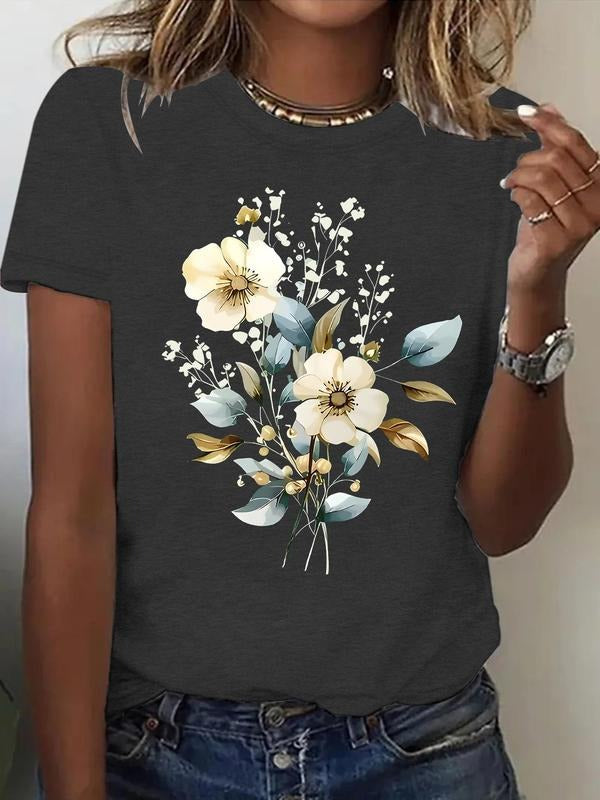 Women's Floral Print Round Neck Tee, Casual Short Sleeve Crew Neck T-Shirt for Summer, Fashion Women's Top for Daily Wear...