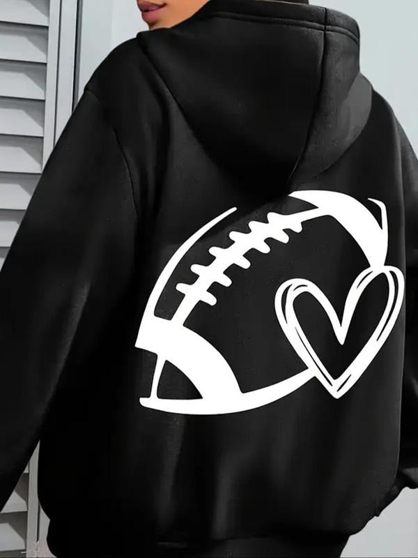 Women's Football & Heart Print Drawstring Hoodie, Casual Long Sleeve Hooded Sweatshirt for Fall & Winter, Women's Clothes...