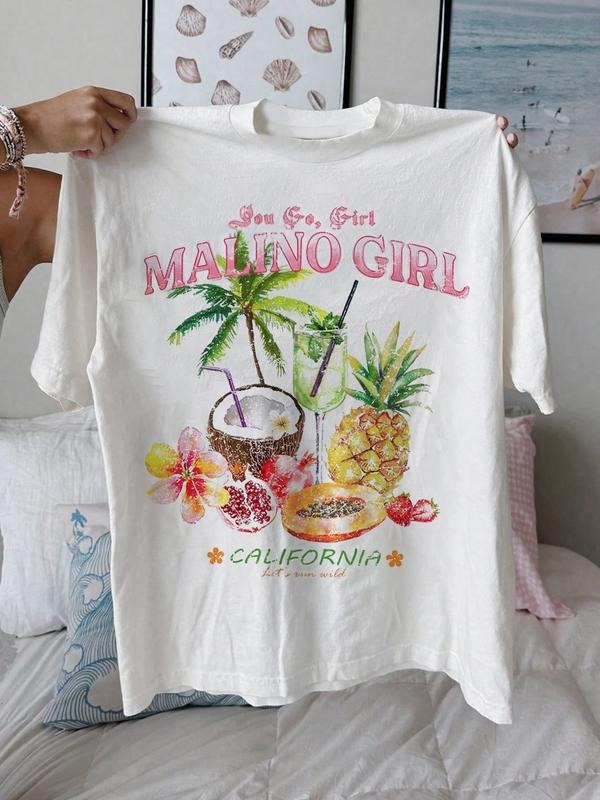 Women's Fruits & Letter Print Regular Fit Round Neck T-shirt, Casual Basic T-shirt for All Seasons, Ladies Clothes for...