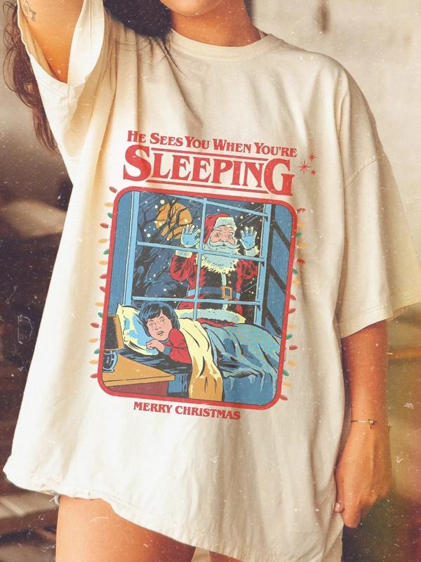 Women's Fun Christmas T-Shirt, Vintage Santa Claus Pattern, Casual Loose-Fitting Holiday Top, Perfect for Christmas...