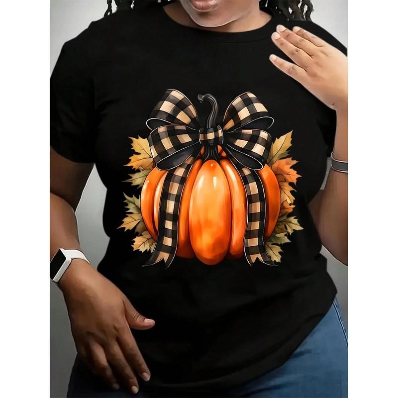 Women's Funny Thanksgiving  Graphic T-Shirt - White,Black Crew Neck Tee With Pumpkin & Autumn Leaves Design - Non-Stretch...