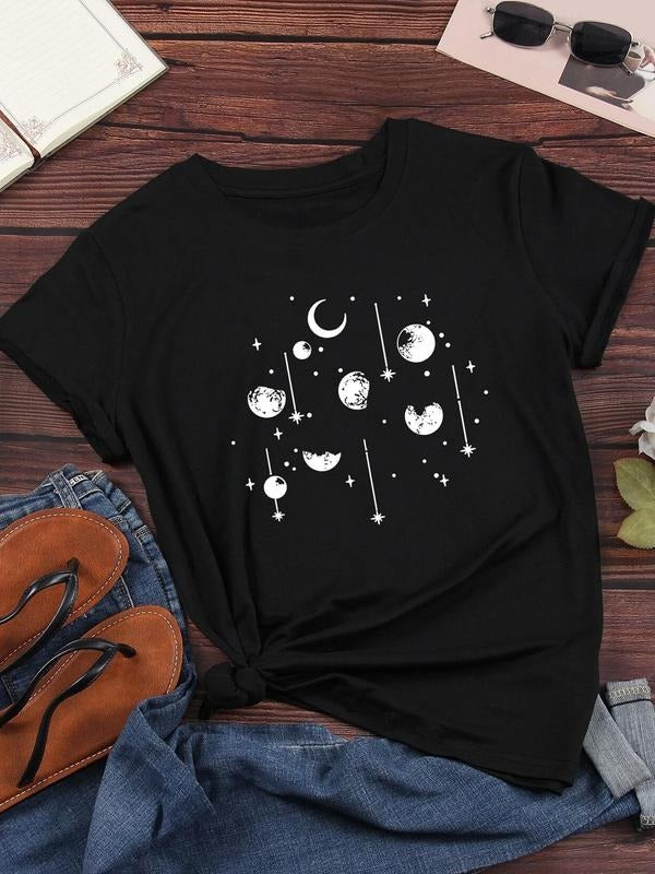 Women's Galaxy Print Round Neck Tee, Casual Short Sleeve Crew Neck T-Shirt for Summer, Fashion Women's Top for Daily Wear...
