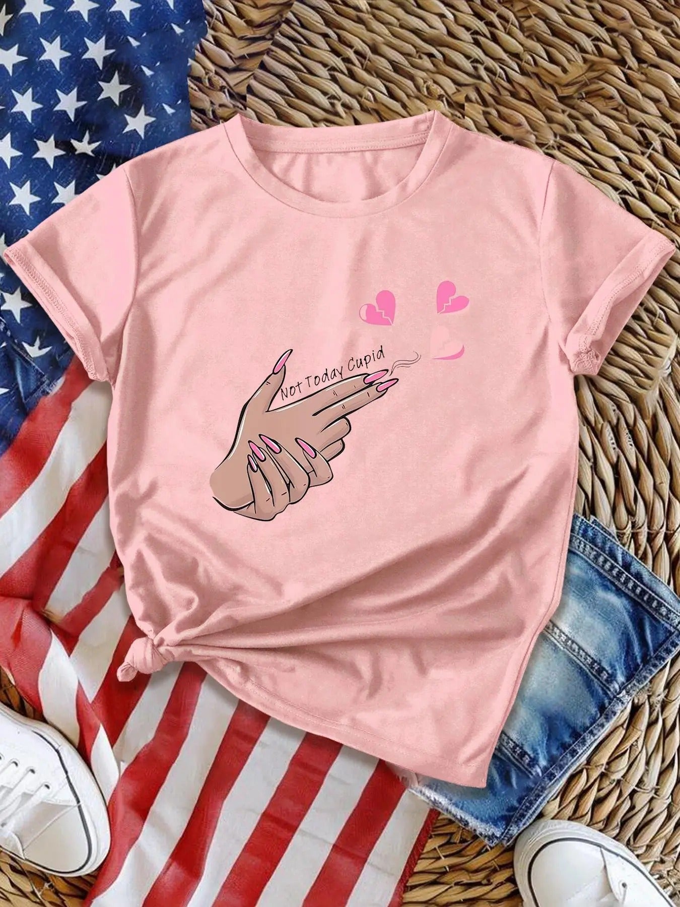 Women's Gesture & Heart Print Short Sleeve Tee, Stylish Round Neck T-Shirt, Ladies Clothes for All Seasons Hoodie, Sweatshirt