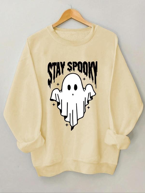 Women's Ghost & Letter Print Crew Neck Sweatshirt, Casual Long Sleeve Pullover for Fall & Winter, Women's Clothes for...