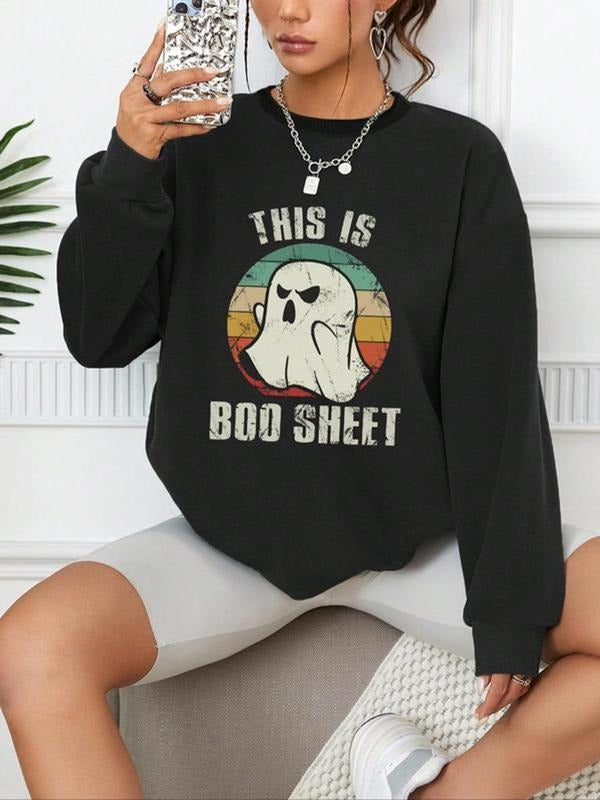Women's Ghost & Letter Print Crew Neck Sweatshirt, Casual Long Sleeve Pullover for Fall & Winter, Women's Clothes for...