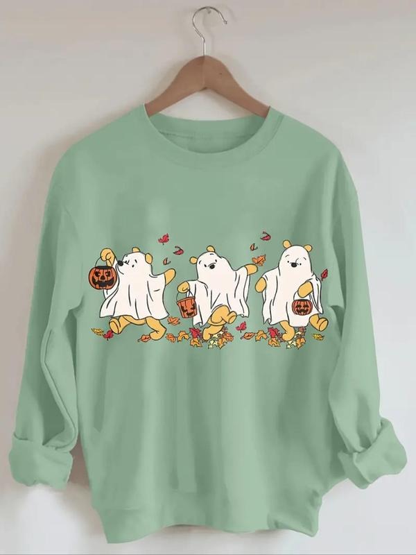 Women's Ghost Print Crew Neck Sweatshirt, Halloween Theme Casual Long Sleeve Pullover for Fall & Winter, Women's Clothes...