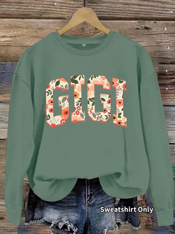 Women's Gigi Letter Pattern Round Neck Sweatshirt, Casual Fitted Pullover, Medium Stretch, All-Season Comfort T-Shirts,...