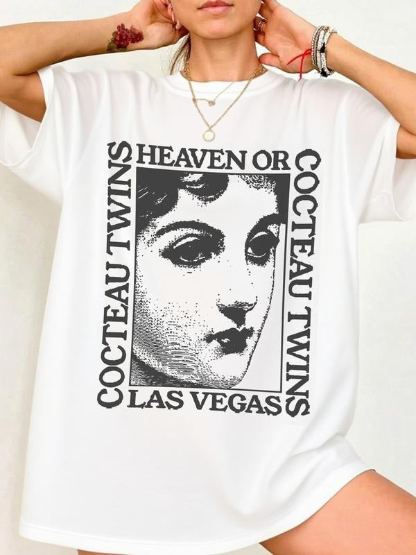 Women's Girl Print & Letter Print Oversized Round Neck T-shirt, Casual Basic Top for All Seasons, Women's Gift for Daily...