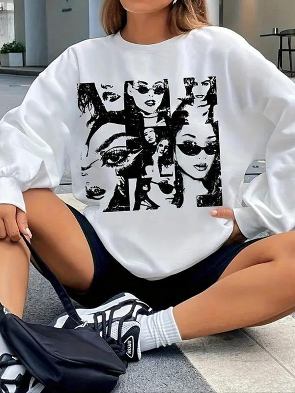 Women's Girl Print Drop Shoulder Thermal Lined Sweatshirt, Casual Long Sleeve Round Neck Pullover for Fall & Winter,...
