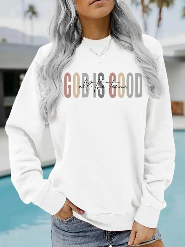 Women's God Is Coo Letter Print Casual Round Neck Sweatshirt, Soft Pullover, Fall & Winter Essential, Comfortable Fabric...