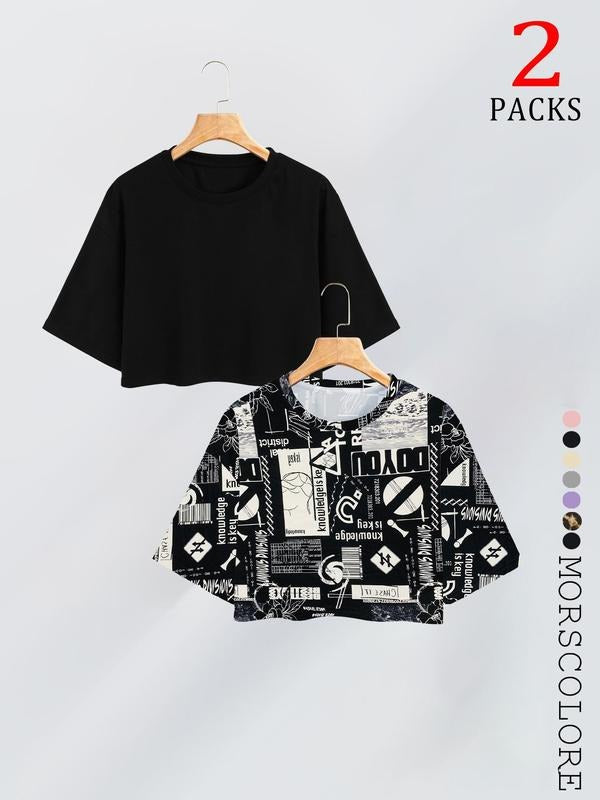 Women's Graffiti Print Crop Tee, Casual Short Sleeve Round Neck T-shirt for Daily Wear, Ladies Clothes for Summer, Top...
