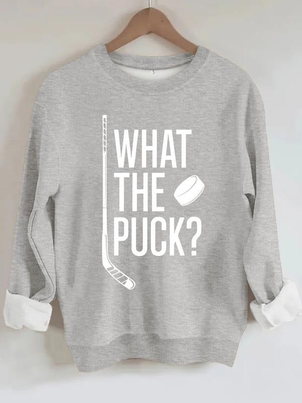Women's Graphic Fitted Long Sleeve Top, Casual Fall & Winter Clothing, What the Puck Ice Hockey Pattern Warm Sportswear...