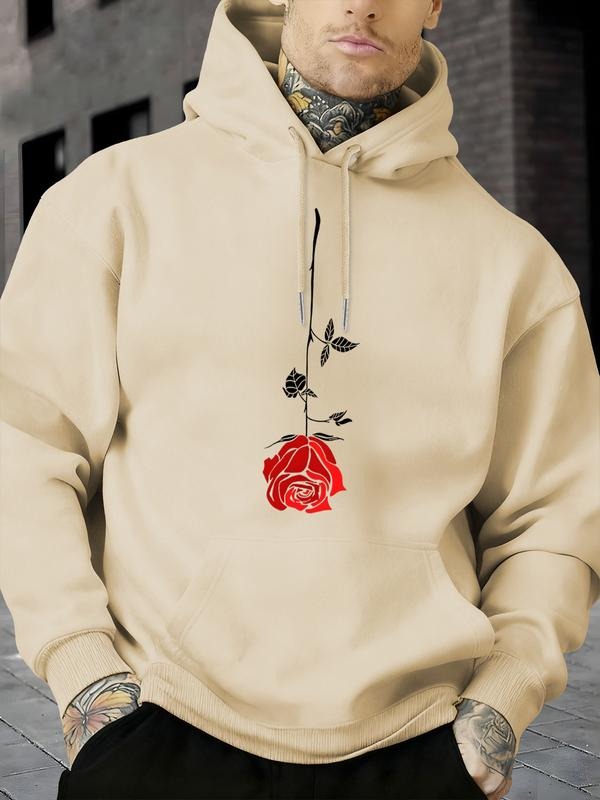 Women's Graphic Hoodie, Rose Print, Fleece Lined, Street Style, Fall & Winter, Loose Fit, Casual Wear T-Shirts, Sweatshirt