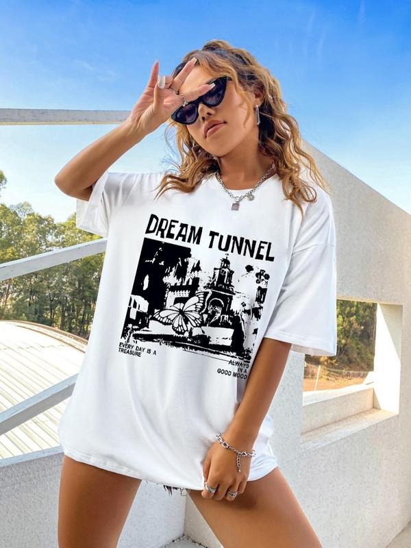 Women's Graphic Print Round Neck T-shirt Without Necklace, Summer Clothes Women, Casual Trendy Drop Shoulder Half Sleeve...
