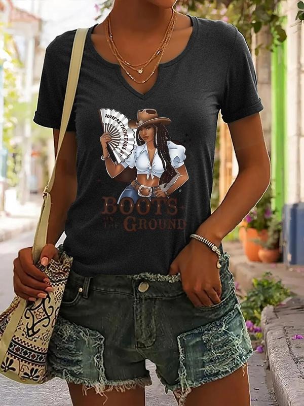 Women's Graphic T-Shirt with Boots on the Ground Print, Casual Summer V Neck Top, Trendy Short Sleeve Tee for Fashion...