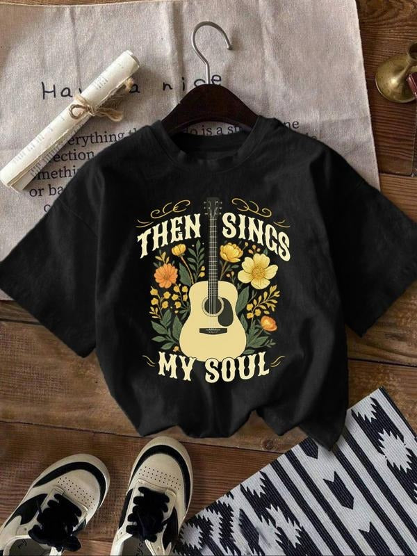 Women's Guitar & Letter Print Round Neck Tee, Fashion Casual Crew Neck T-Shirt for Daily Holiday Vacation Outdoor Wear,...