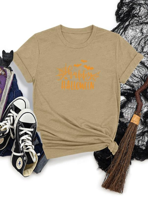 Women's Halloween Bat Print Round Neck Short Sleeve T-Shirt, Soft Comfortable Fabric, Available in 11 Colors, Casual...