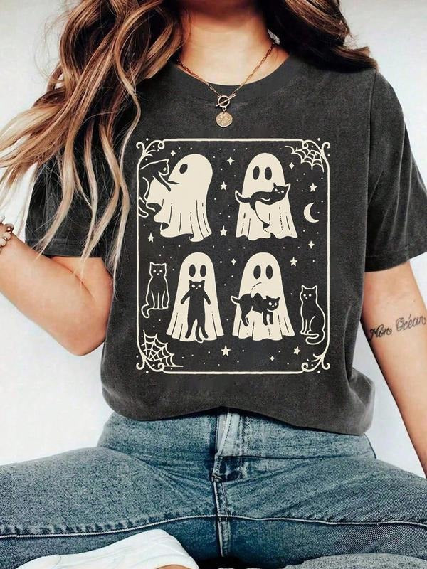 Women's Halloween Casual Round Neck Short Sleeve T-Shirt, Graphic Letter Print, Fitted Style, Moderate Fabric, All...