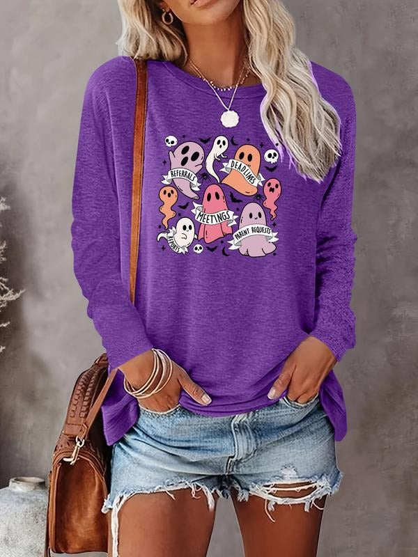 Women's Halloween Ghost Letter Print Long Sleeve Casual Fitted T-Shirt, Comfortable Fabric, Available in 8 Colors Hoodie,...