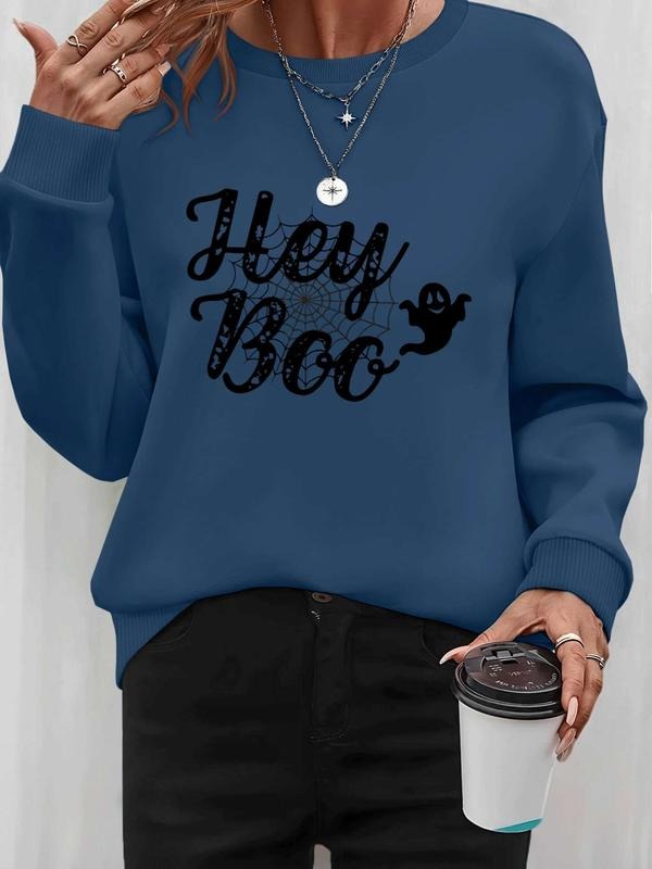 Women's Halloween Ghost Letter Print Long Sleeve Round Neck Pullover Sweatshirt, Casual Fitted Design, Fall & Winter...