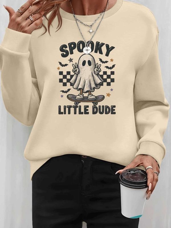 Women's Halloween Ghost Letter Print Long Sleeve Round Neck Pullover Sweatshirt, Casual Fitted Design, Fall & Winter...