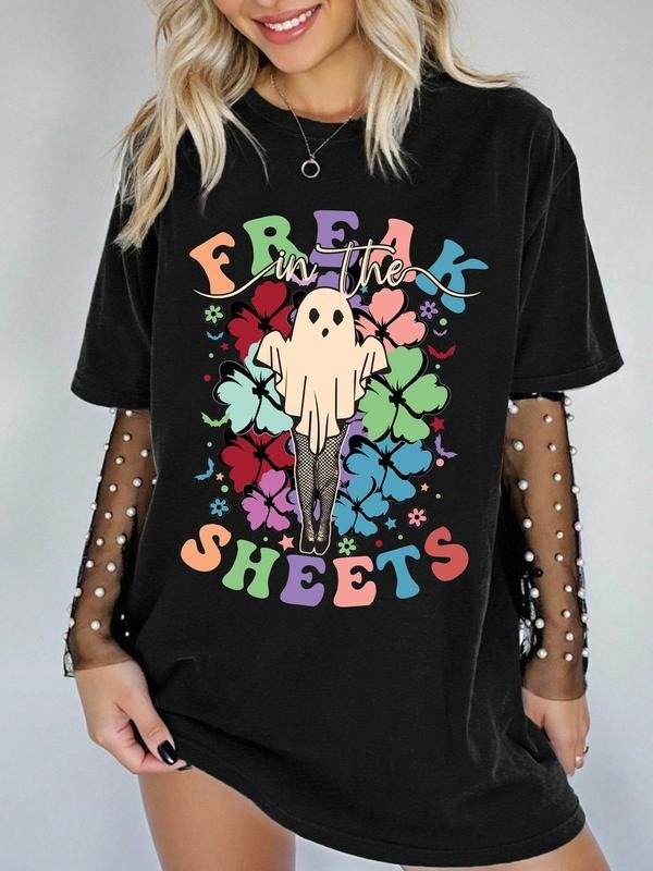 Women's Halloween Ghost Print & Letter Print Regular Fit Round Neck T-shirt, Casual Basic Top for All Seasons, Women's...