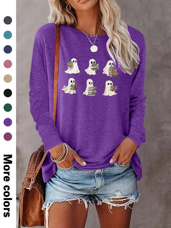 Women's Halloween Ghost Print Long Sleeve Casual Fitted T-Shirt, Comfortable Fabric, Available in 9 Colors, All Seasons...