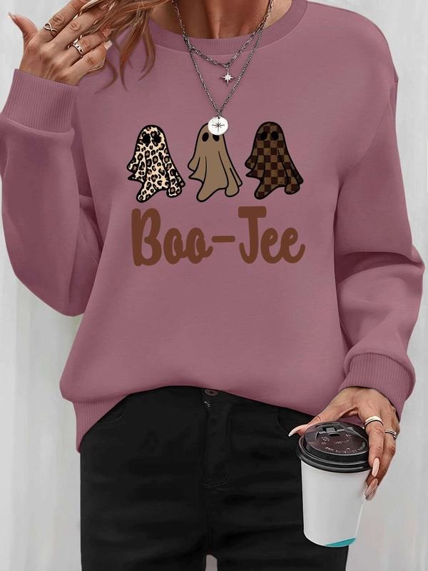 Women's Halloween Ghost Print Long Sleeve Round Neck Pullover Sweatshirt, Casual Fitted Style, Fall & Winter Fashion, 9...