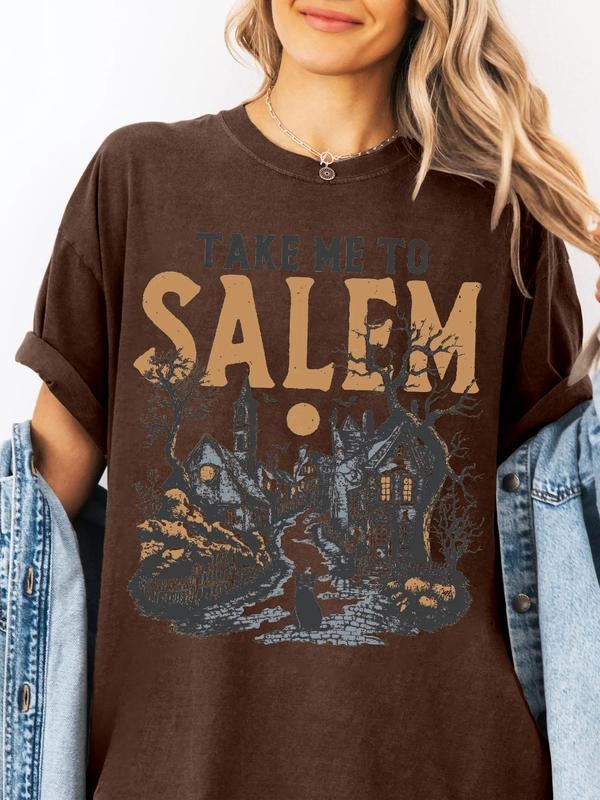 Women's Halloween Night Street Print & Letter Print Regular Fit Round Neck T-shirt, Casual Basic Short Sleeve Top for All...