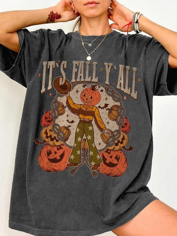 Women's Halloween Print & Letter Print Regular Fit Round Neck T-shirt, Casual Basic Top for All Seasons, Women's...