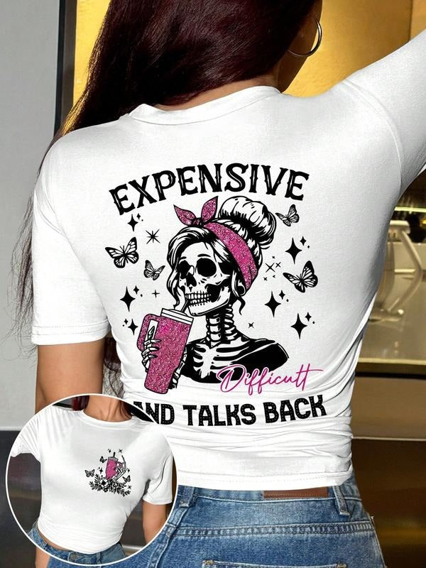Women's Halloween Print & Letter Print Tight-Fitting Short Sleeves T-Shirt, Casual Top for All Seasons, Women's Clothing...