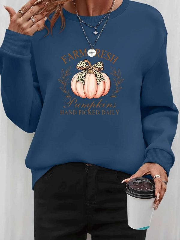 Women's Halloween Pumpkin Letter Print Long Sleeve Round Neck Pullover Sweatshirt, Casual Fitted Design, Fall & Winter...