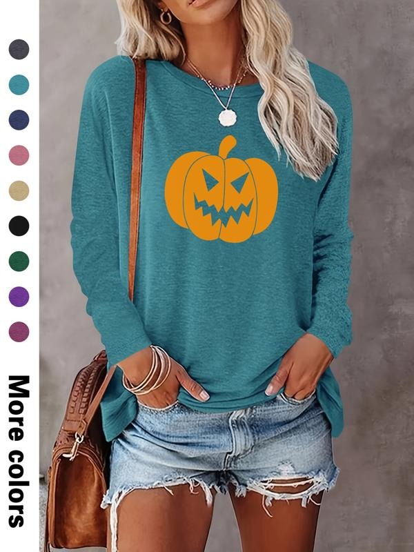Women's Halloween Pumpkin Print Long Sleeve Casual Fitted T-Shirt, Comfortable Fabric, Available in 9 Colors, All Seasons...