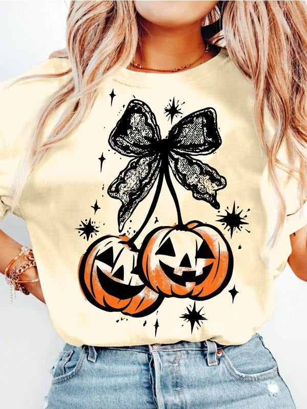 Women's Halloween Pumpkin Print Loose Round Neck Short Sleeve T-Shirt, Casual Basic Top for All Seasons, Daily Wear...