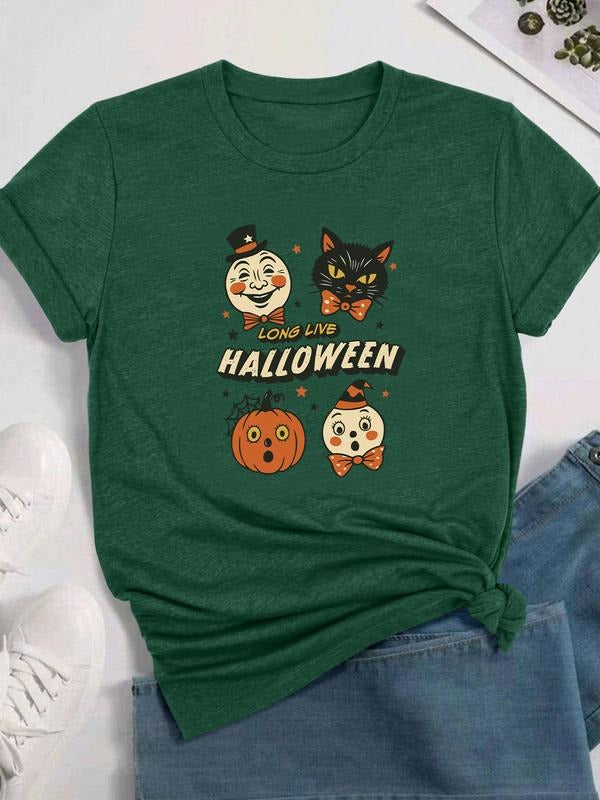Women's Halloween Pumpkin Print Short Sleeve T-Shirt, Casual Fitted Top, Comfortable Fabric, Available in 10 Colors...