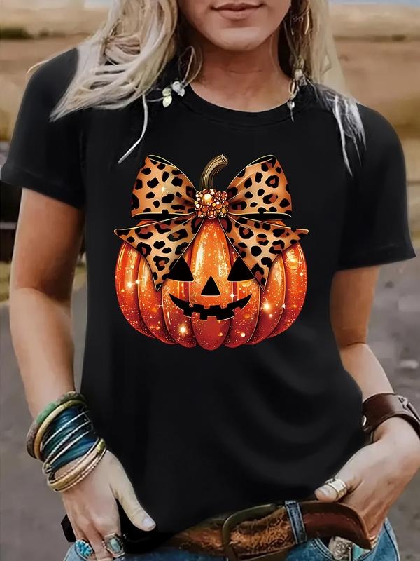 Women's Halloween Pumpkin Print Vintage Style Summer Casual Fitted Round Neck Short Sleeve T-Shirt, Comfortable...