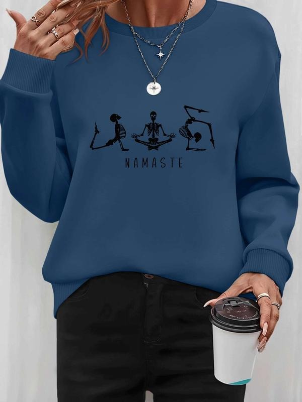 Women's Halloween Skull Letter Print Long Sleeve Round Neck Pullover Sweatshirt, Casual Fitted Design, Fall & Winter...