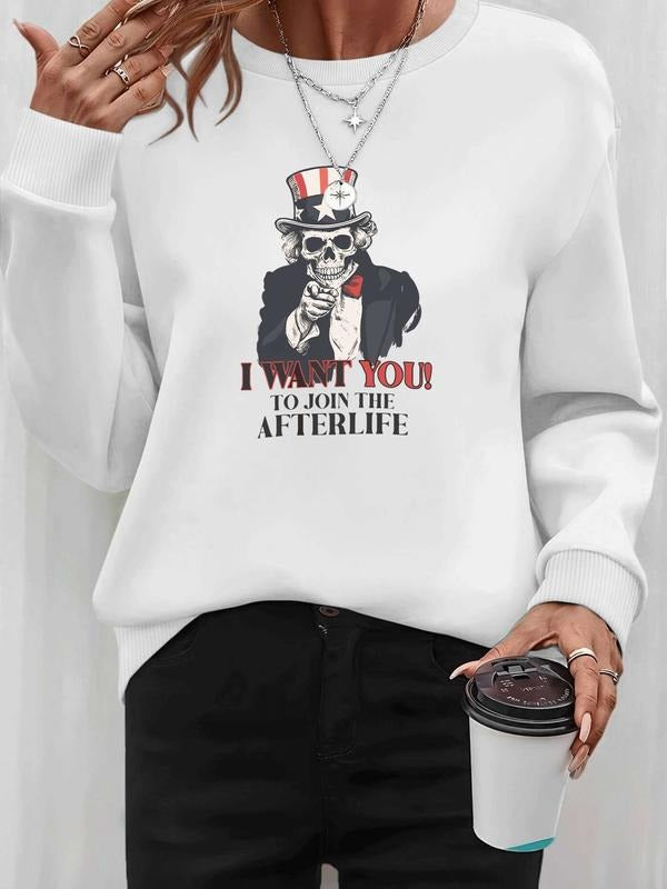 Women's Halloween Skull Letter Print Long Sleeve Round Neck Pullover Sweatshirt, Casual Fitted Kint Fabric, Fall & Winter...
