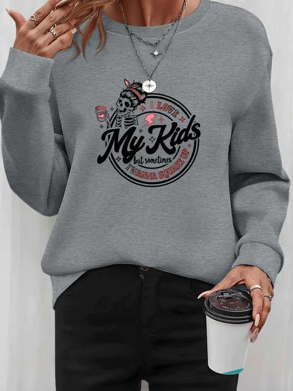 Women's Halloween Skull Letter Print Long Sleeve Round Neck Pullover Sweatshirt, Casual Fitted Kint Fabric, Fall & Winter...