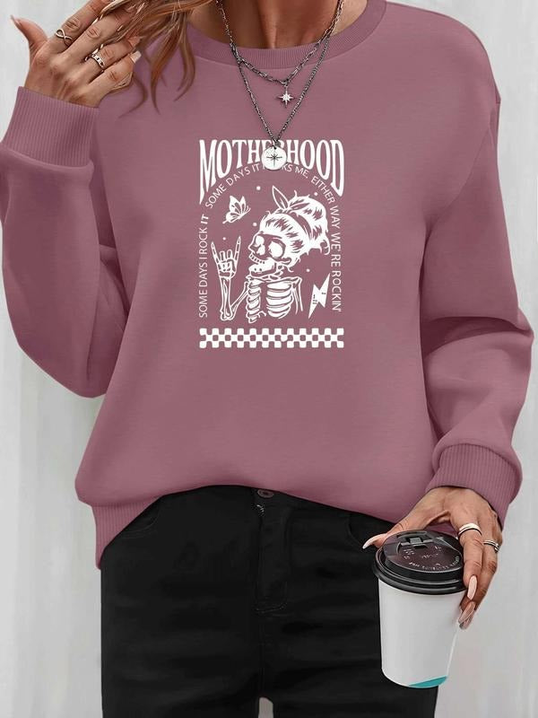 Women's Halloween Skull Letter Print Pullover Sweatshirt, Casual Long Sleeve Fitted Top for Spring & Fall, Available in 6...