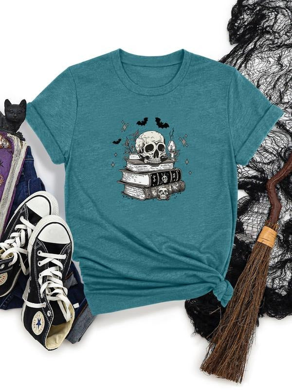 Women's Halloween Skull Letter Print Round Neck Short Sleeve T-Shirt, Soft Comfortable Fabric, Casual Style, All Seasons...