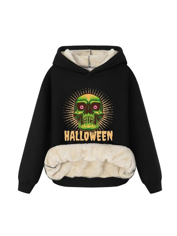 Women's Halloween Skull Print Thermal Lined Hoodie, Casual Long Sleeve Hooded Sweatshirt for Winter, Fashion Ladies' Top...