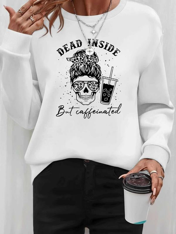 Women's Halloween Skull Pumpkin Print Long Sleeve Round Neck Pullover Sweatshirt, Casual Fitted Style, Fall & Winter...