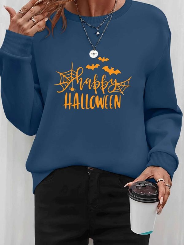 Women's Halloween Spider Web Bat Letter Print Long Sleeve Round Neck Pullover Sweatshirt, Casual Fall Winter Fashion, 9...